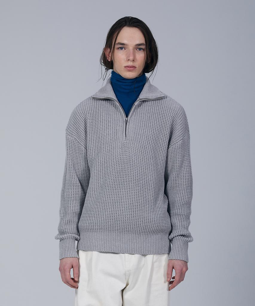 KNITTED Soft Cotton Heavy Waffle Half Zip Knit Melange Grey