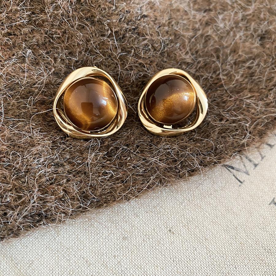 18k real gold electroplated tiger's eye stone geometric stud earrings Maillard temperament earrings earrings women