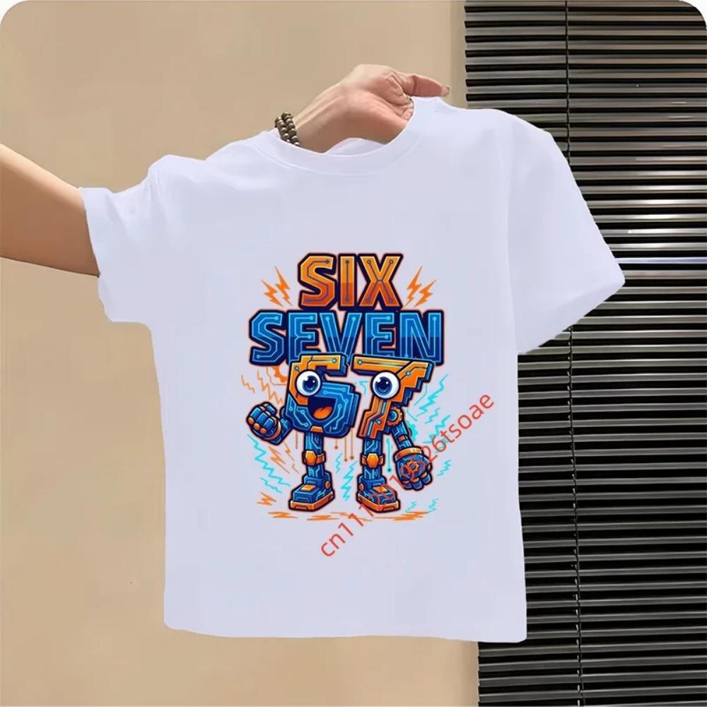 Lustiges Sechs Sieben Italienisches Brainrot 67 Zahlen Grafikdruck T-Shirt Junge/Mädchen Sommer Kurzarm Kinder Locker Bequem T-Shirt Oberteil