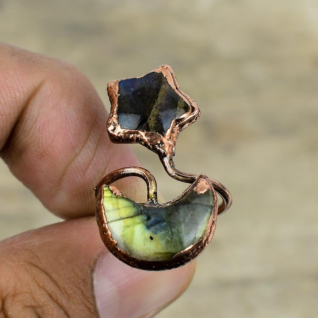 Labradorite Ring Electroformed Copper Ring Handmade Gemstone Jewelry Adjustable Ring Moon & Star Ring Beautiful Copper Jewelry Gifts For Him