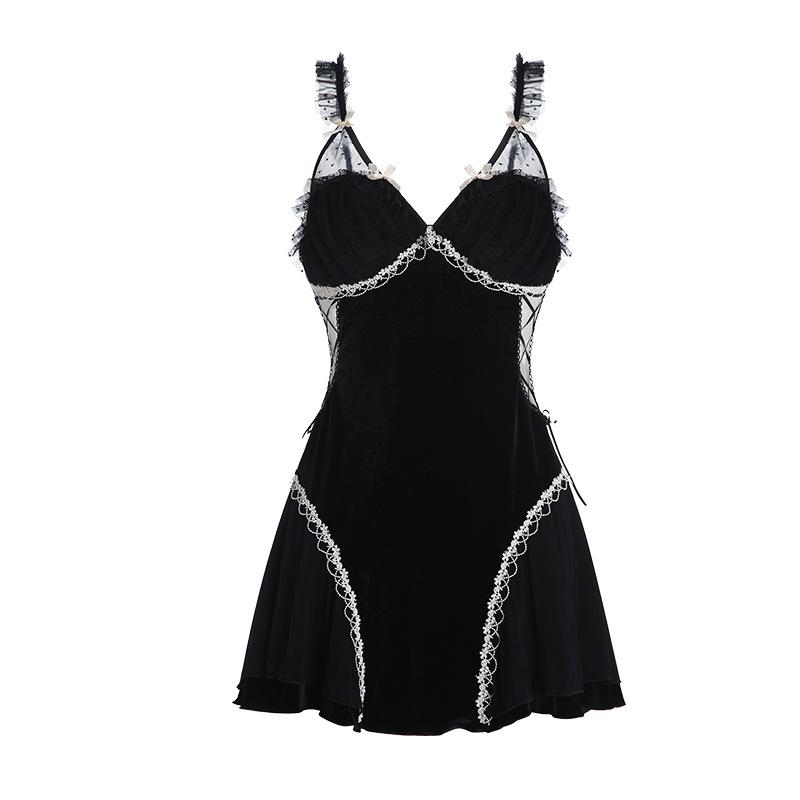 Women’s Sheer Velvet Nightgown Sexy Lace Sleep Dress Deep V Backless Cami Sleepwear