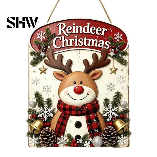 Christmas Tree Hanging Decorations Wooden Sign, Rustic Holiday Wall Decor with Santa Claus Door Hanger Reindeer And Snowman Patterns for Home & Window