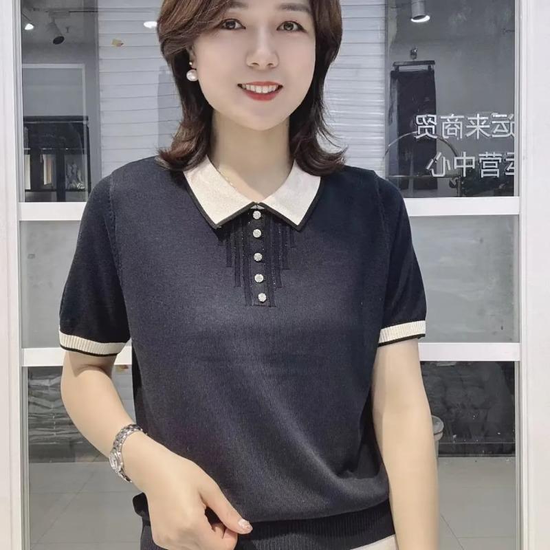 Women's Contrast Collar Polo Knit Top Short Sleeve Rhinestone Button Casual Blouse