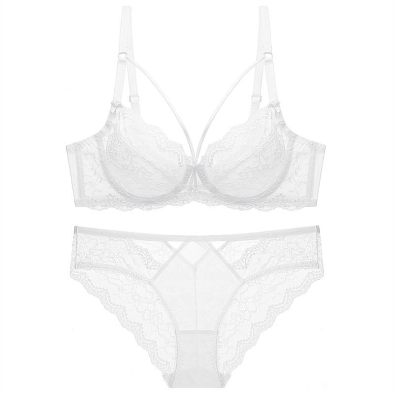 Womens Lace Ultra-thin Non-padded Transparent Bra Set Push Up Bust Minimizer