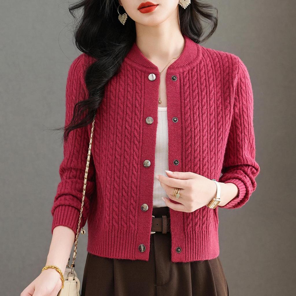 2025 Autumn/Winter Women's Thick Cable Knit Round Neck Cardigan Sweater Coat