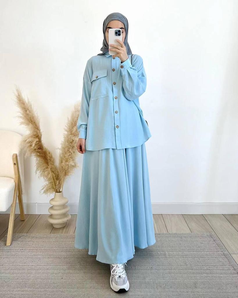 Spring 2024 Women's Muslim Wear: Loose Long-Sleeve Shirt & Midi Skirt Set