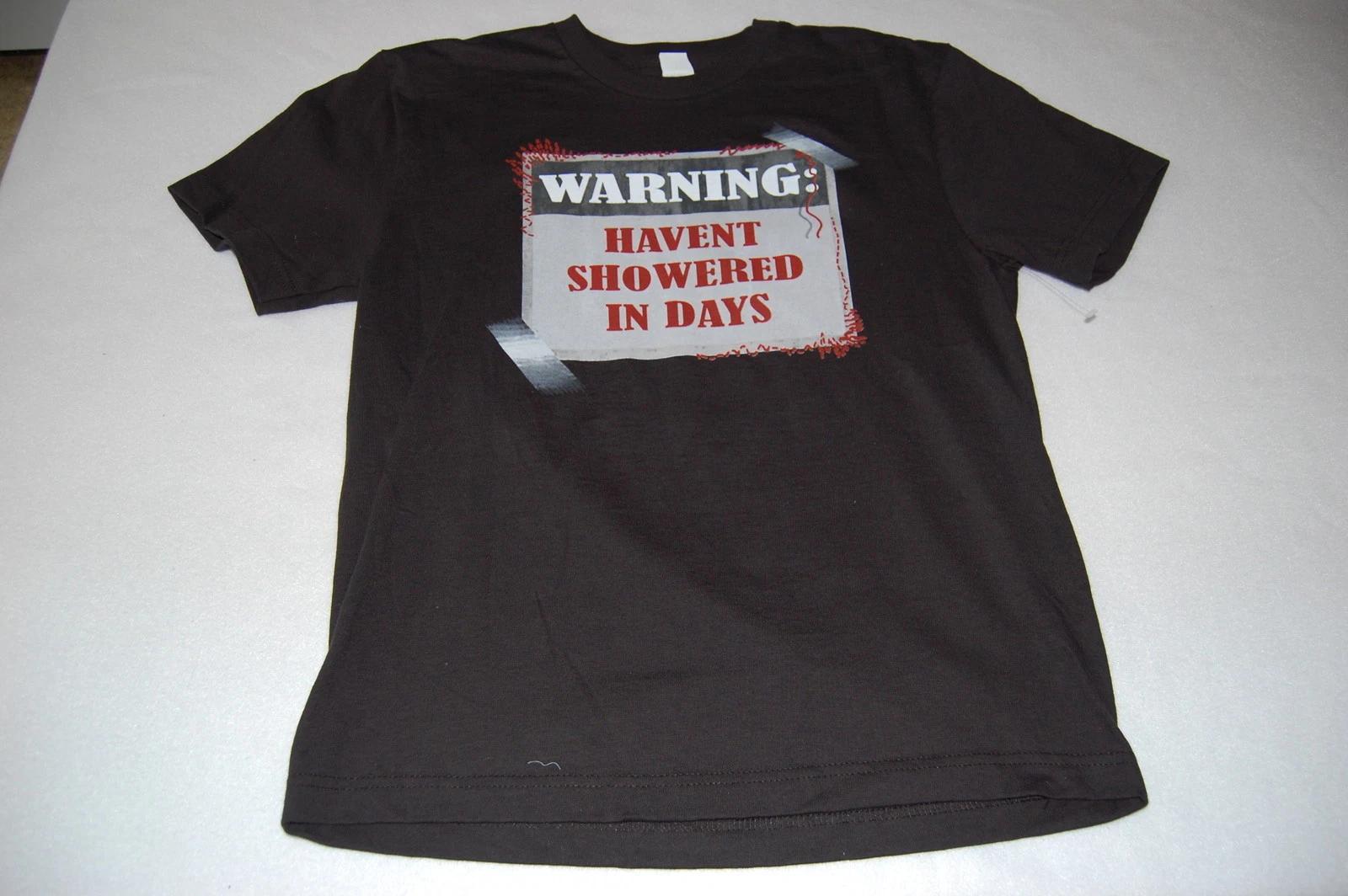 

Boys Tee Shirt WARNING HAVEN T SHOWERED IN DAYS Black SHORT SLEEVE Large 160