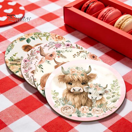 Healing Highland Calf Pattern Gifts Cow Cork Coasters, Cute Floral Farmhouse Drink Mats with Protective Furniture for Office Non-Slip Base,