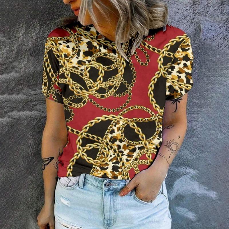 Black gold chain 3D printed T-shirt with round neck and short sleeves. Suitable for women to wear in spring and summer.