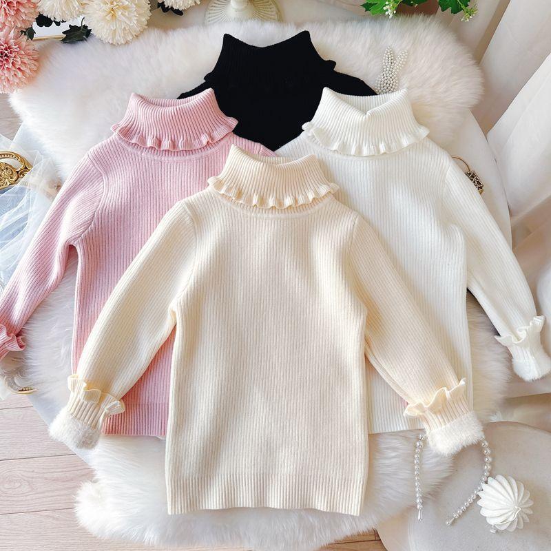 Pull pour filles à col montant et col en dentelle Hiver Une pièce Velours Pull pour enfants de couleur unie avec pull en velours épais