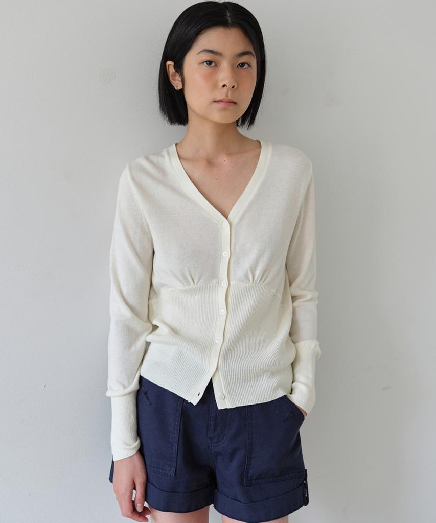 AHWE Silky V-Neck Shirred Cardigan_Ivory