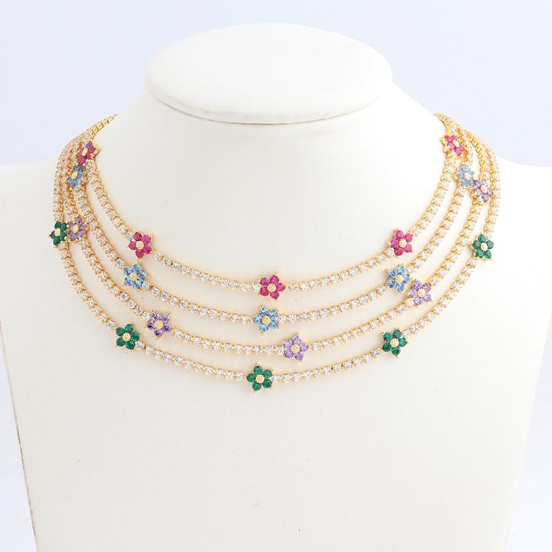 Iced Out Bling Rainbow Colorful Cubic Zirconia CZ Tennis Chain Women Charm Flower Choker Necklace Jewelry collares para mujer