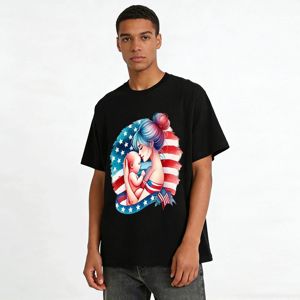 Patriotic Mother And Baby Print Short Sleeve T-shirt Pure cotton T-shirt