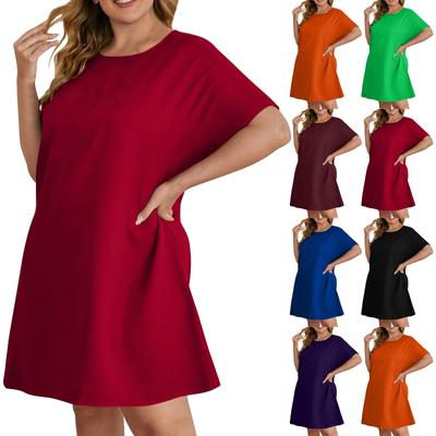 Damen Sommer Rundhalsausschnitt Lose Kurzarm Einfarbig Große Größe Hemdkleider