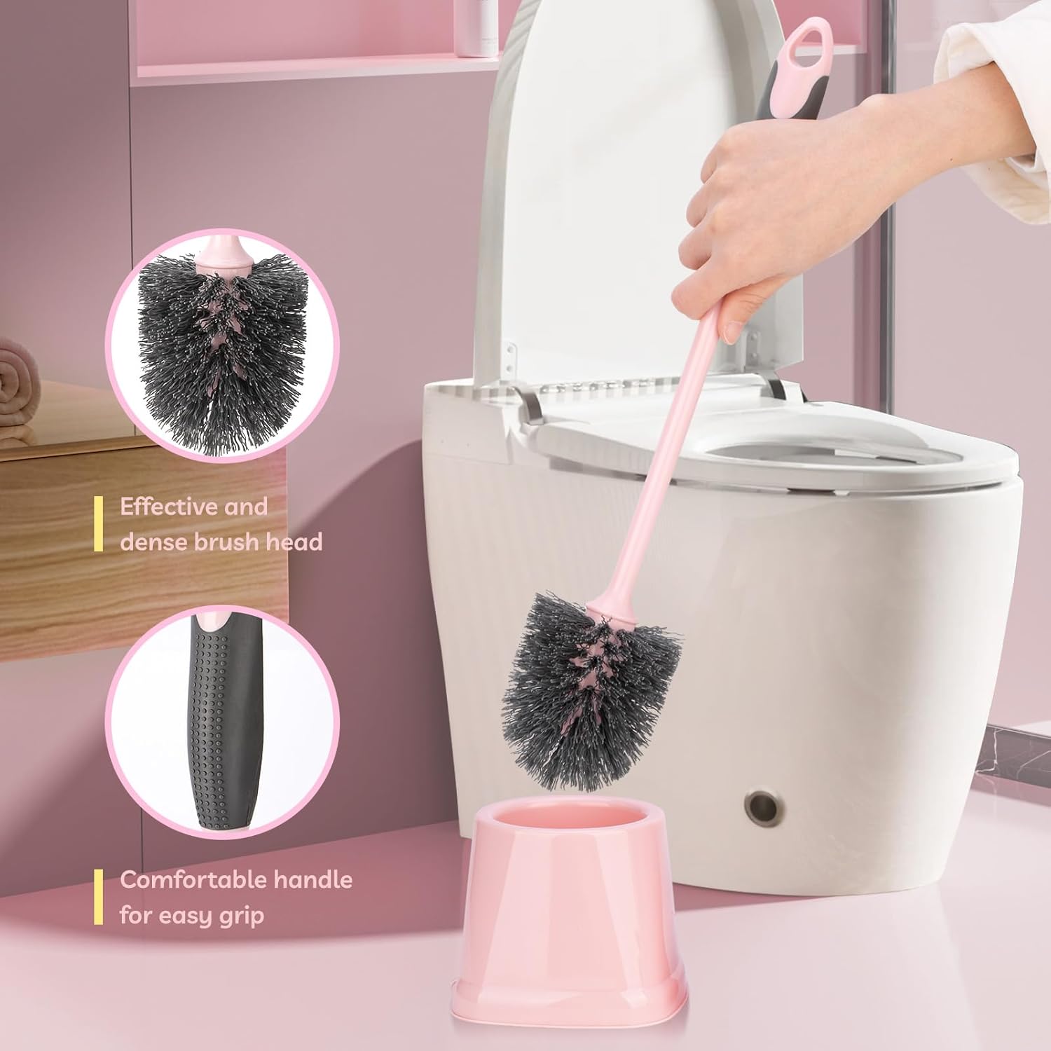 14 Pcs Bathroom Cleaning Tools with Toilet Brush, Scrub Brush, Cleaning Brush for Toilet, Bathtub, Pink Toilet Brush and Holder Set with Ergonomic