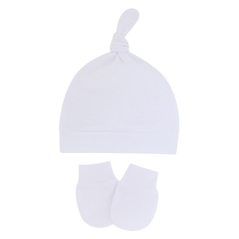 2 Pcs Cute Tail Knot Turban Beanie Cap Soft Cotton Comfy Baby No Scratch Mittens Kit Baby Anti Scratching Gloves Hat Set