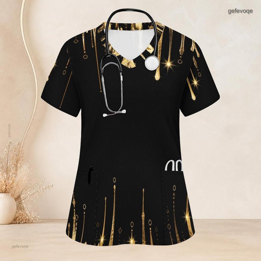 Women Plus Size V Neck Short Sleeve Black Gold Printed Nurse Scrub Top With Front Pockets