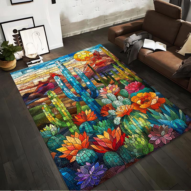 Colorful Stained Glass Style Cactus and Floral Design Carpet Rug Suitable for use as an anti-slip for living room bedroom sofas