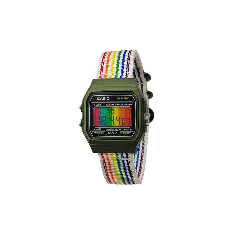 CASIO Customized watch modified series F-91WM-3A-Celestine Surge Quartz nylon strap men's F-91WM-3A--Celestine-BaiCaiSeBiaoDaiCaiSeShuTiaoWenBiaoJing