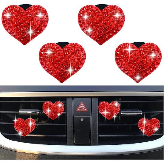 4PCS Heart-Shaped Car Vent Clips with Rhinestone,Bling Air Vent Clips Car Decorations,Premium Shiny Car Clips for Vents CCar Accessories Interior for