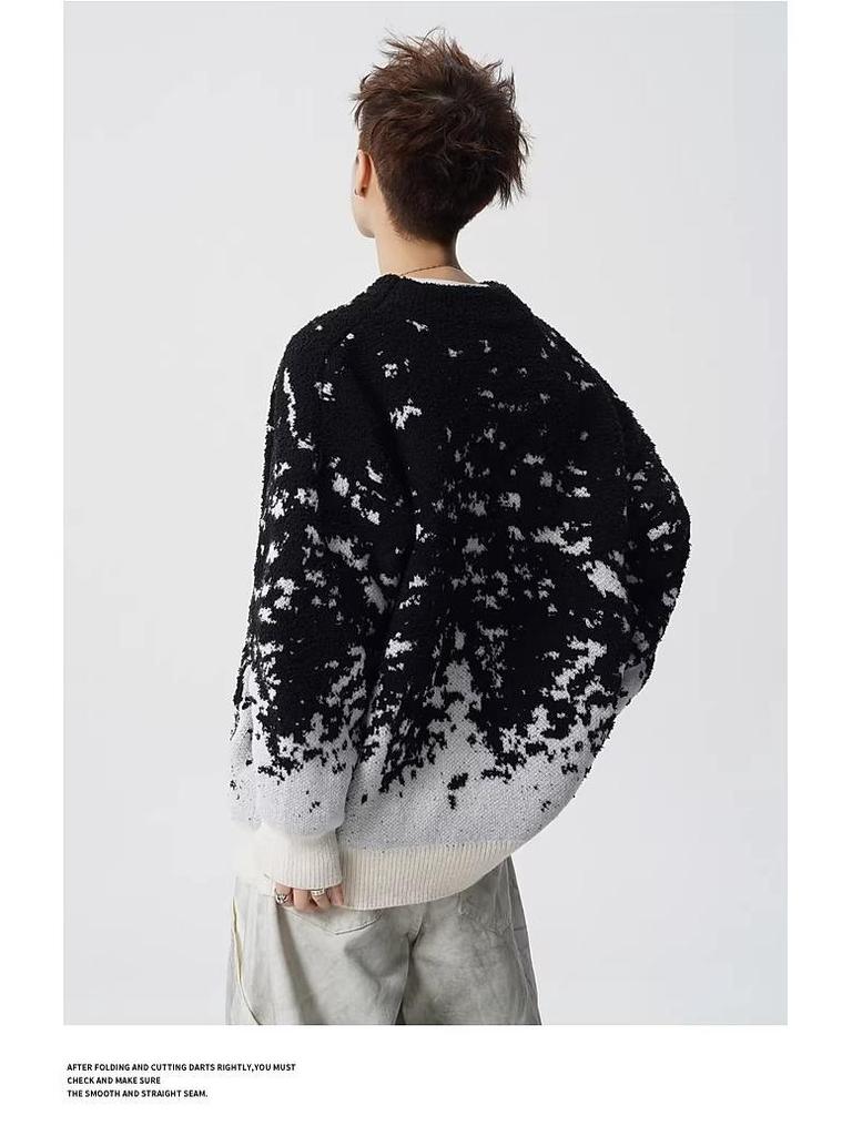 Men's Trendy Red Gradient Snowflake Sweater - Loose Fit, Casual Round Neck, Long Sleeve, Color Block Knitted Top