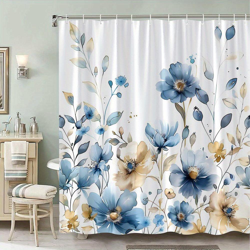 

1 шт. Элегантная цветочная шторка для душа, акварельные синие и бежевые цветы, мягкий градиентный дизайн, полиэстеровая ткань, с крючками 90X180cm
