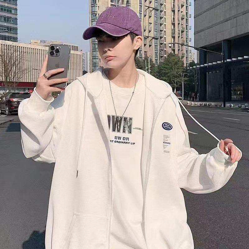 Men's Trendy Hooded Waffle-Weave Zip-Up Cardigan Sweatshirt for Spring/Autumn Hong Kong Style