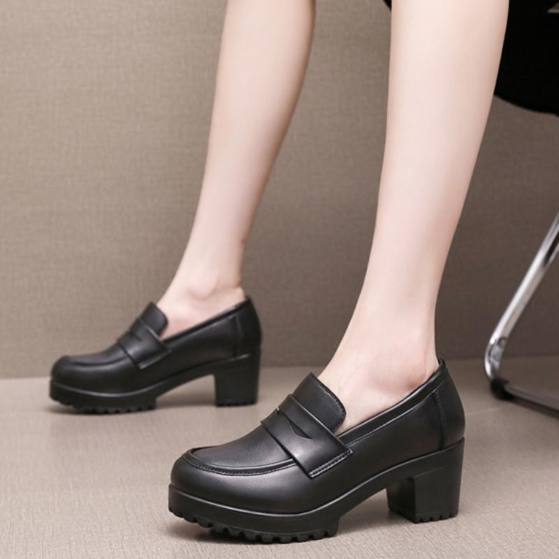 

6 см Маленький размер 32-43 Британский стиль Мягкие кожаные мокасины Женские туфли-лодочки Осенние туфли на среднем блочном каблуке на платформе для офиса Мама обувь 32