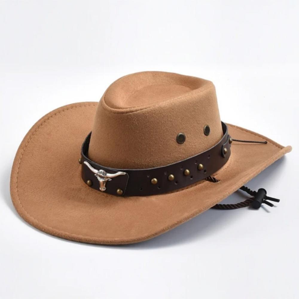 Cappello da Cowboy Vintage a Tesa Larga Uomo Donna Testa di Toro Metallica Fascia in Pelle Borchie Stile Punk Gotico Cappello per Cosplay Festa Cappello in Feltro per Esterno