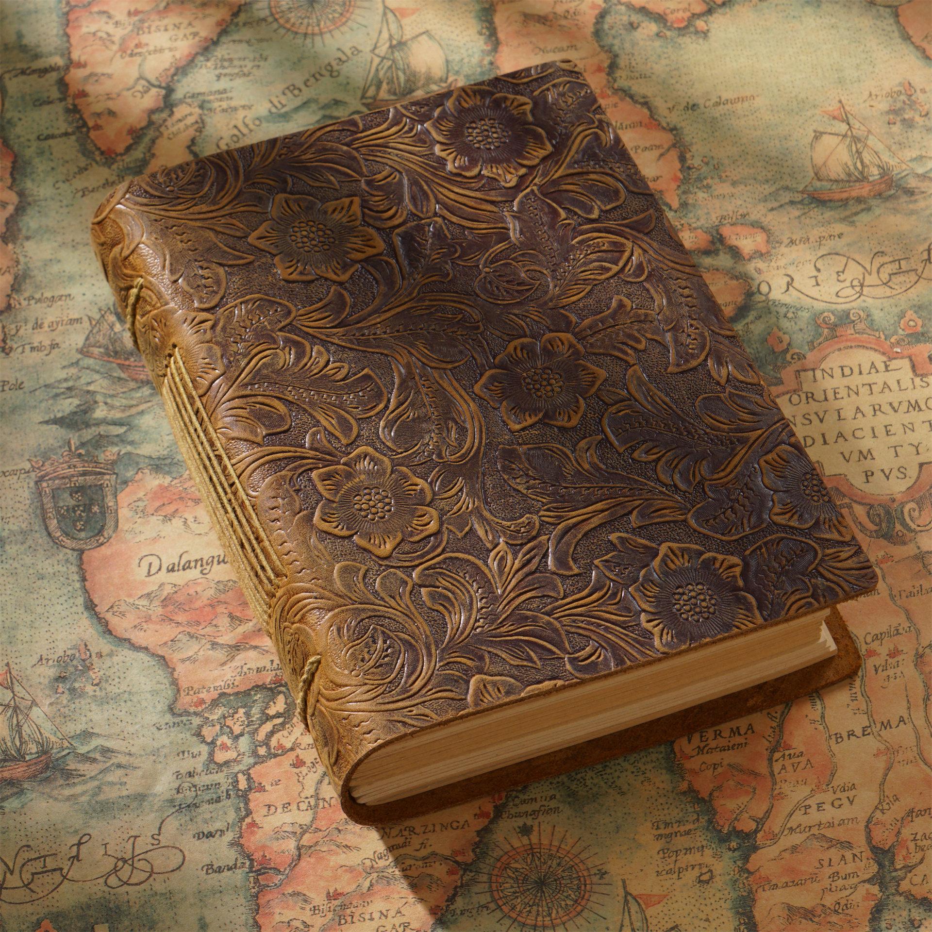 Hot Selling Retro Leather Hardcover Notepad 32k Manual Crazy Horse Thickening Creative Gift Thread Sewing Diary 19x14cm 200 (as the picture,200 Pages&19x14cm)