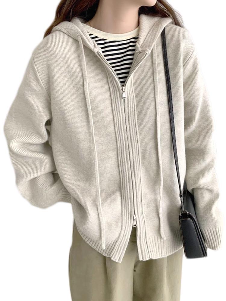 Women's 2024 Cozy Hooded Double Zipper Sweater Jacket - Loose Fit, Thickened Cardigan for All Seasons