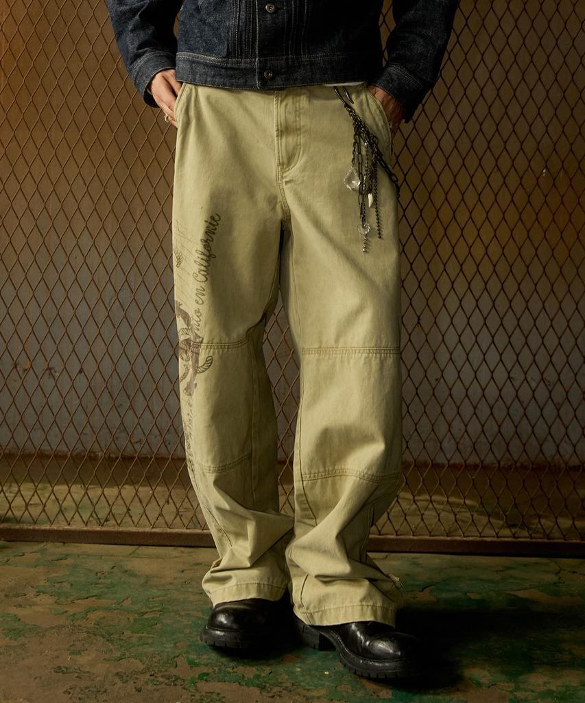 MAGOODGAN Farburn 4414 Washed Loop Print Wide Fit Beige Chino Pants