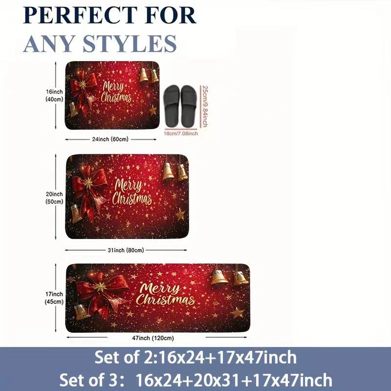 Christmas Kitchen Mat Set Anti Slip Washable Floor Rug Golden Bells Bow Star Holiday Decor Runner Carpet Non Slip Rug