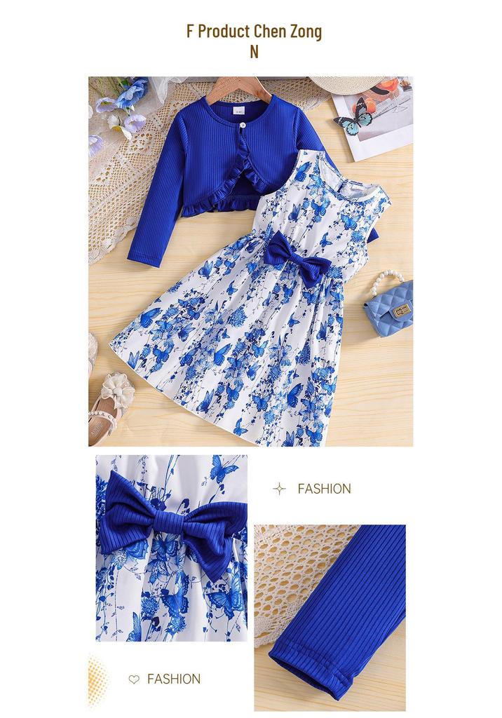 Spring-Autumn Girls' Princess Jacket & Vest Set: Long Sleeve Dress with Printed Vest