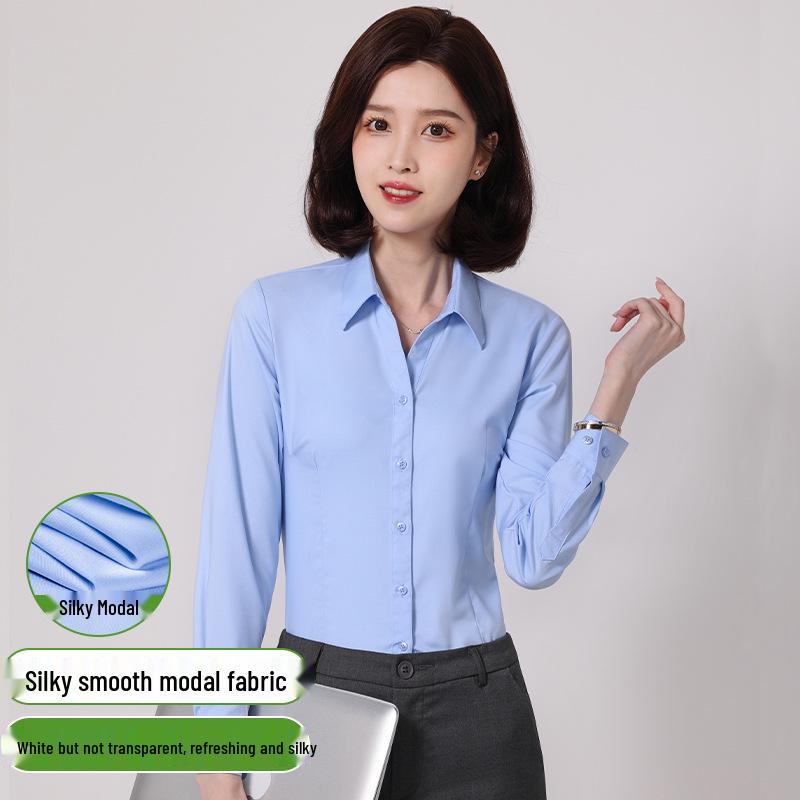 Women's Long Sleeve Professional White Stretch Shirt for College Students and Teachers