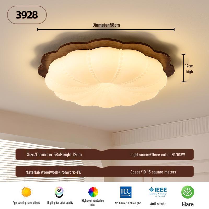 Retro Cream Style Walnut Ceiling Light - New Chinese Design for Bedroom & Study, Eye Protection. Walnut Color, Diameter 58CM
