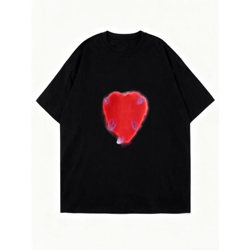 Oversized T Shirt Black Red Heart Print Casual Streetwear Women Fashion Top Summer Outfit