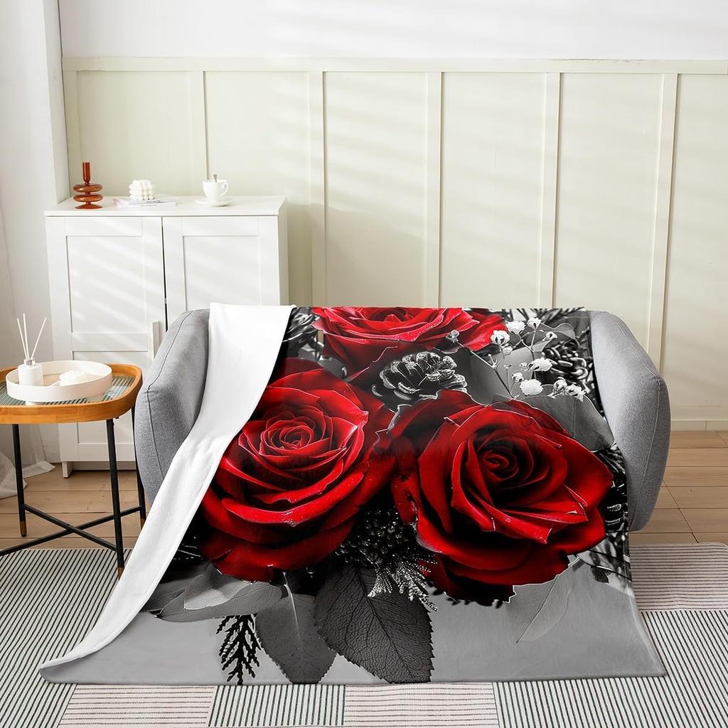 Red Roses Water Droplets Flannel Throw Blanket Valentine's Day Gift for Girls Women King Queen Size for Couch Sofa Living Room