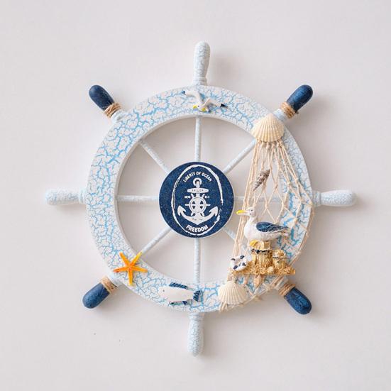 11" Nautical Beach Wooden Ship Wheel Wall Art Coastal Style Boat Steering Wheel Wall Hanging Ornament with Starfish And Hemp Rope for Living Room