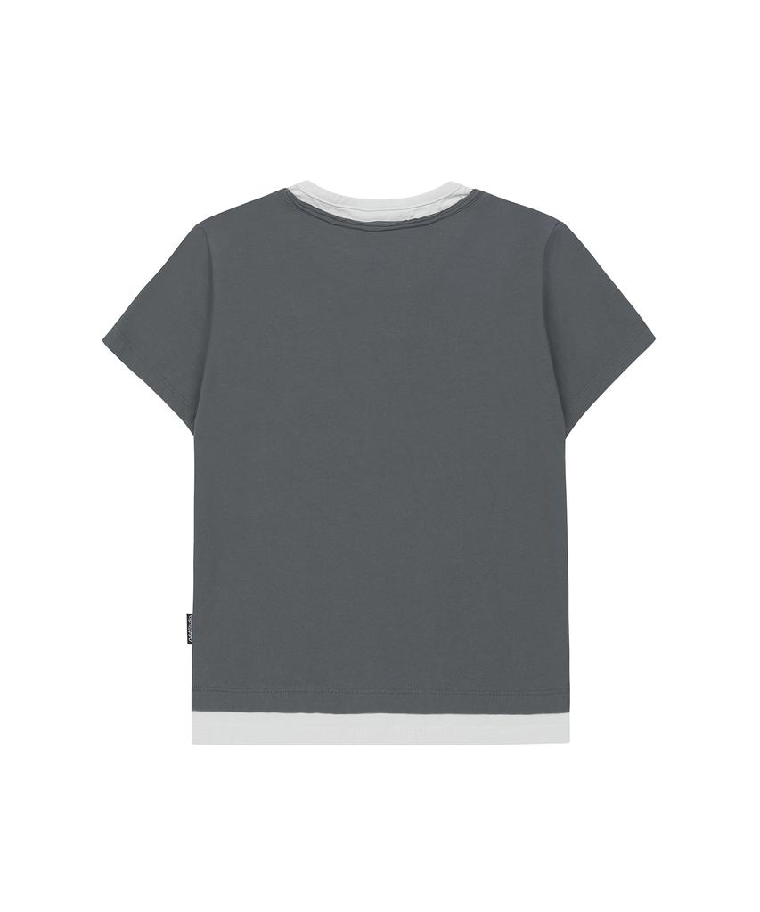 ODDSTUDIO Cutoff Star Layered Henley Neck Graphic T-Shirt - Light Charcoal