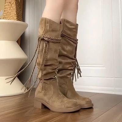 Fashion Ladies Mid Calf Shoes Tassel Middle Heel Round Toe Brown Women's Half High Boots Trend 2024 Cosplay Spring Autumn Winter Novelty
