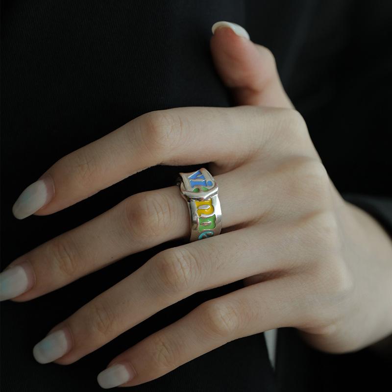 Rainbow Letter Belt Open Ring Niche Design Retro Personality High Sense Cold Wind Ring