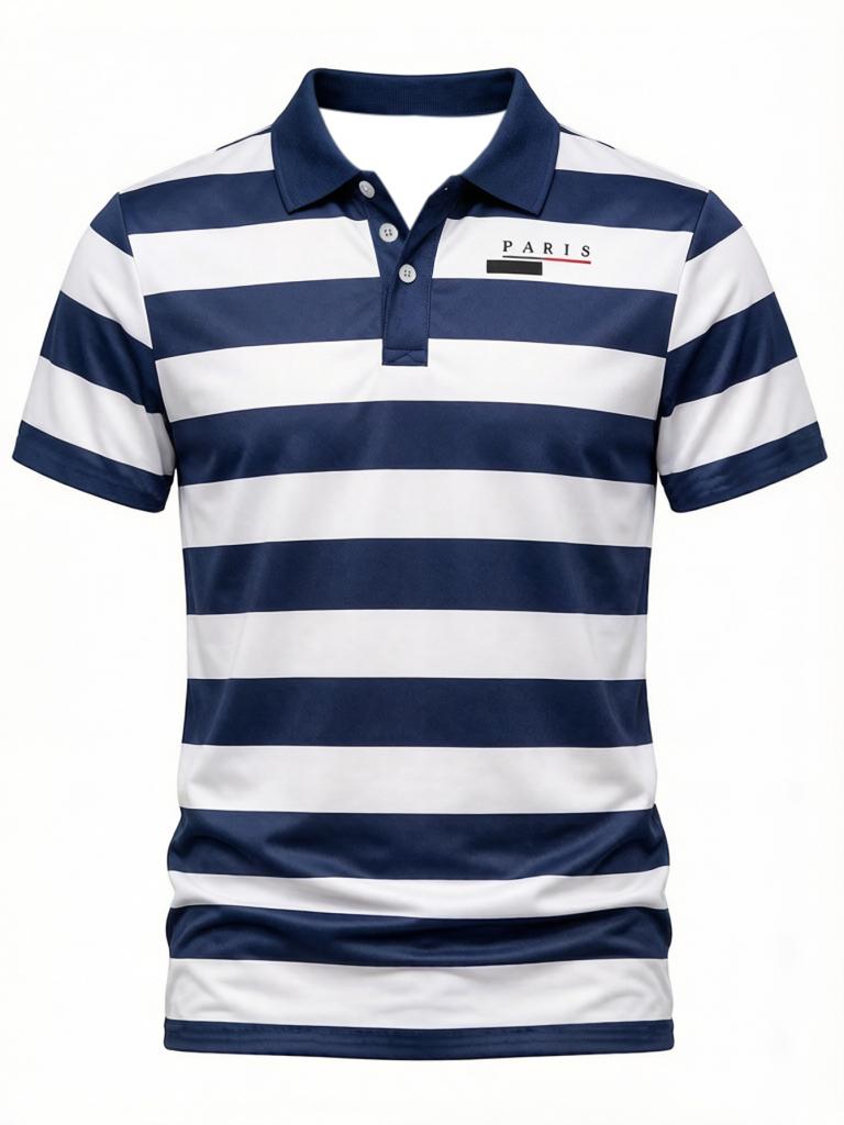 Printed Design – Non-Textured Printed Men's Golf Shirt with Short Sleeves in Blue Stripes, Featuring a Casual, Comfortable, Stylish, and Well-Fitting