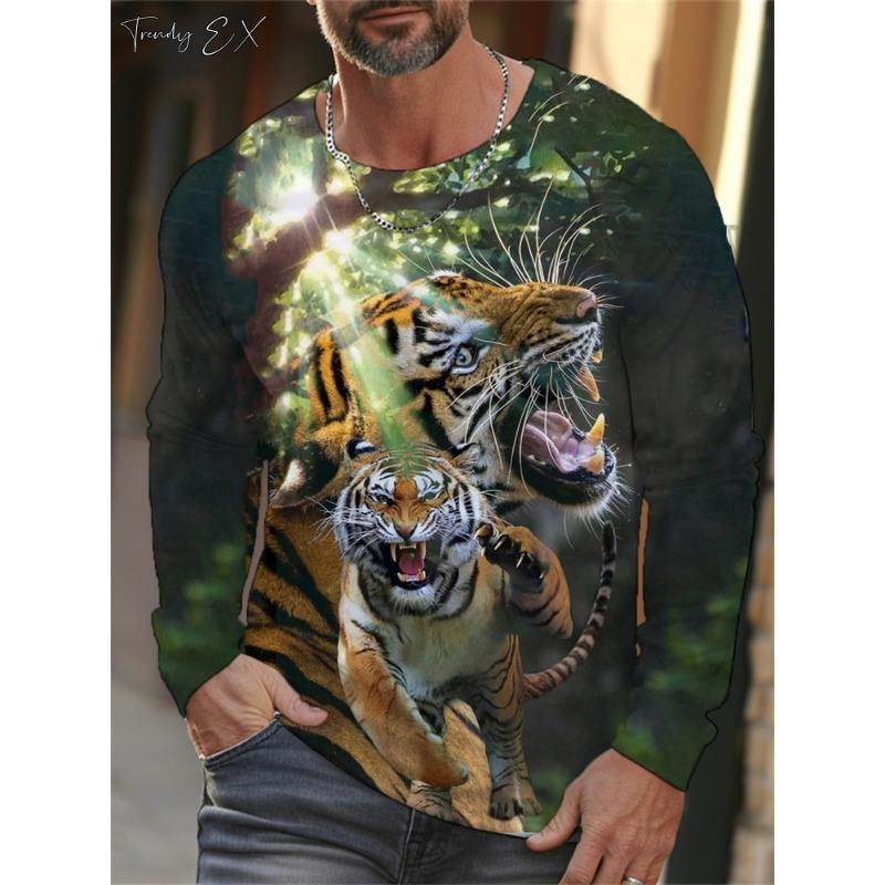 Men's T-Shirts 3D Tiger Print Streetwear Harajuku Fashion O-Neck Graphic T Shirts Tops Casual Sport Long Sleeve Gym Clothing Men