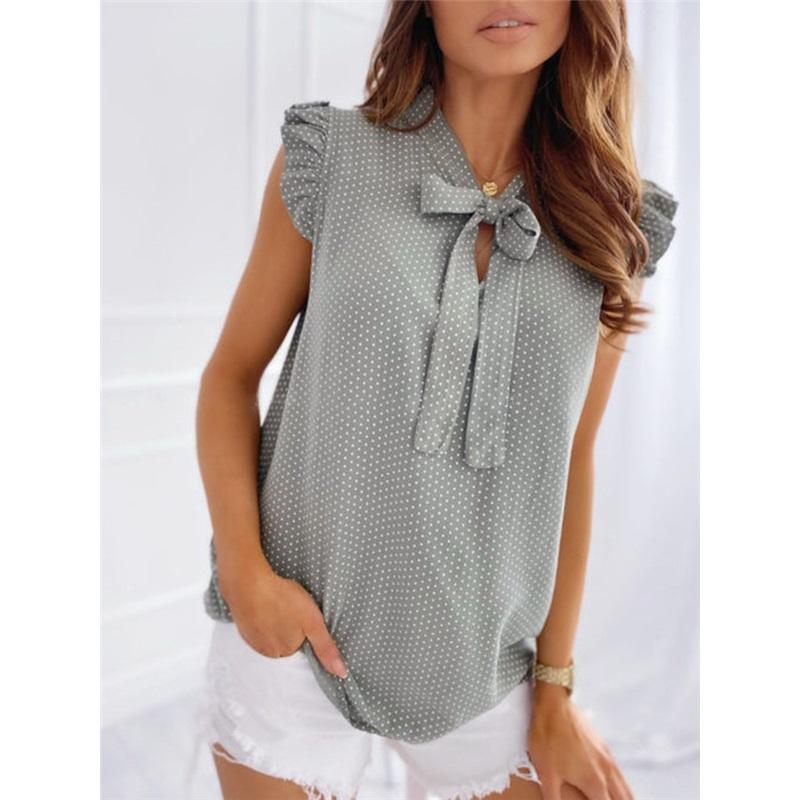Women's Polka Dot Sleeveless Blouse Bow Tie Neck Ruffle Shoulder Casual Summer Tops