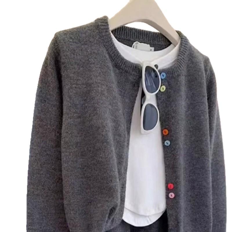 2026 Spring/Autumn Women's Grey College Style Pure Wool Cardigan with Colorful Buttons - Round Neck, Short Sweater Coat.