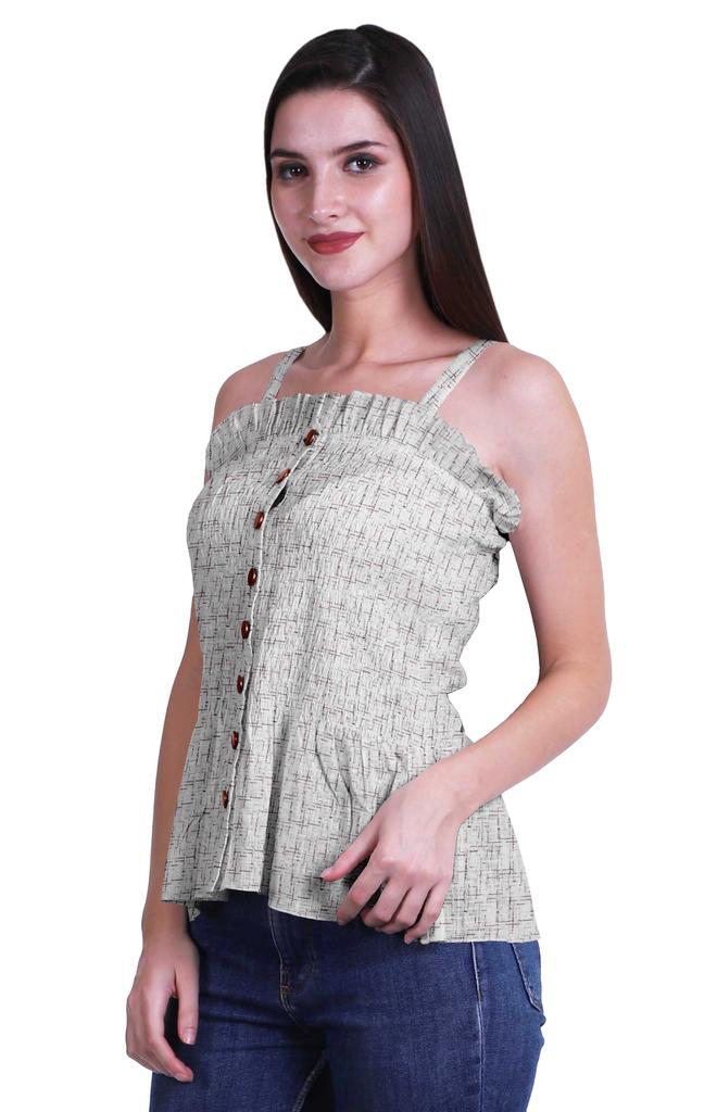 Moomaya Casual Shoulder Strap Flared Hem Cotton Slub Printed Women Summer