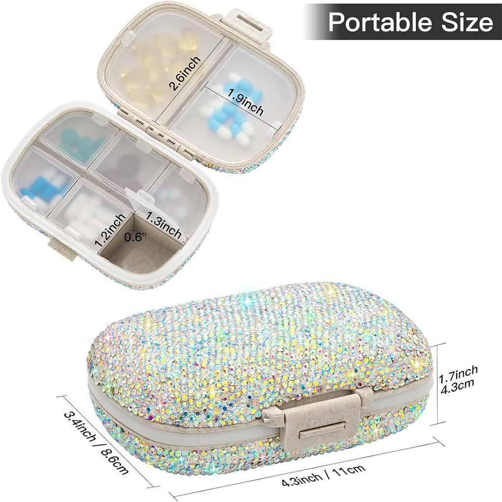 Glitzernder Pillenorganisator mit 8 Fächern, tägliche Reise, tragbare Pillendose, doppelseitige Strass-Pillenbox für Vitamin/Lebertran