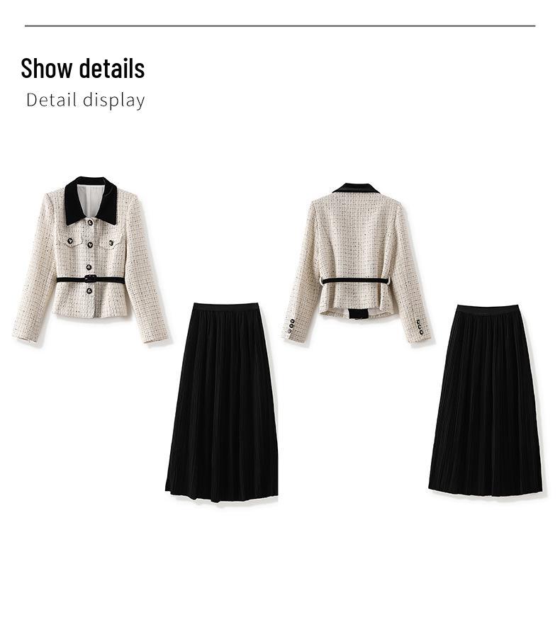 French Light Luxury Sequin Tweed Jacket + Pleated Midi Skirt Set
