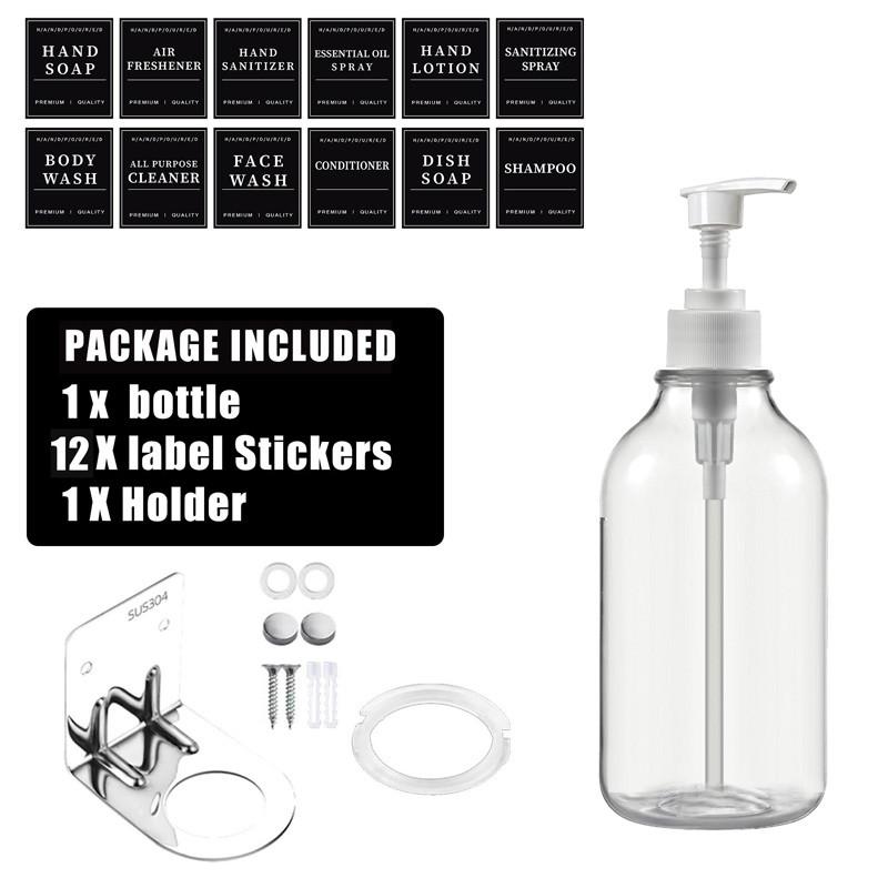 Flacon de loțiune transparentă de 500 ml Flacon reîncărcabil cu etichete cu flacon de loțiune Suporturi de perete Balsam șampon